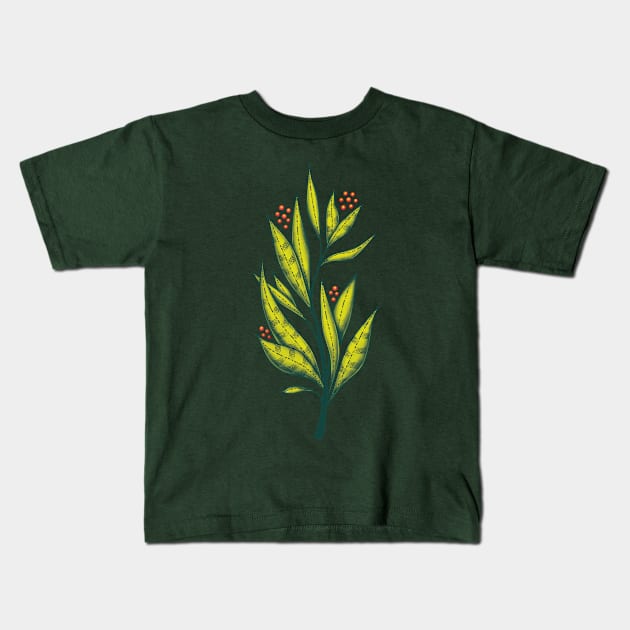 Abstract green plant with decorative leaves and berries Kids T-Shirt by Boriana Giormova